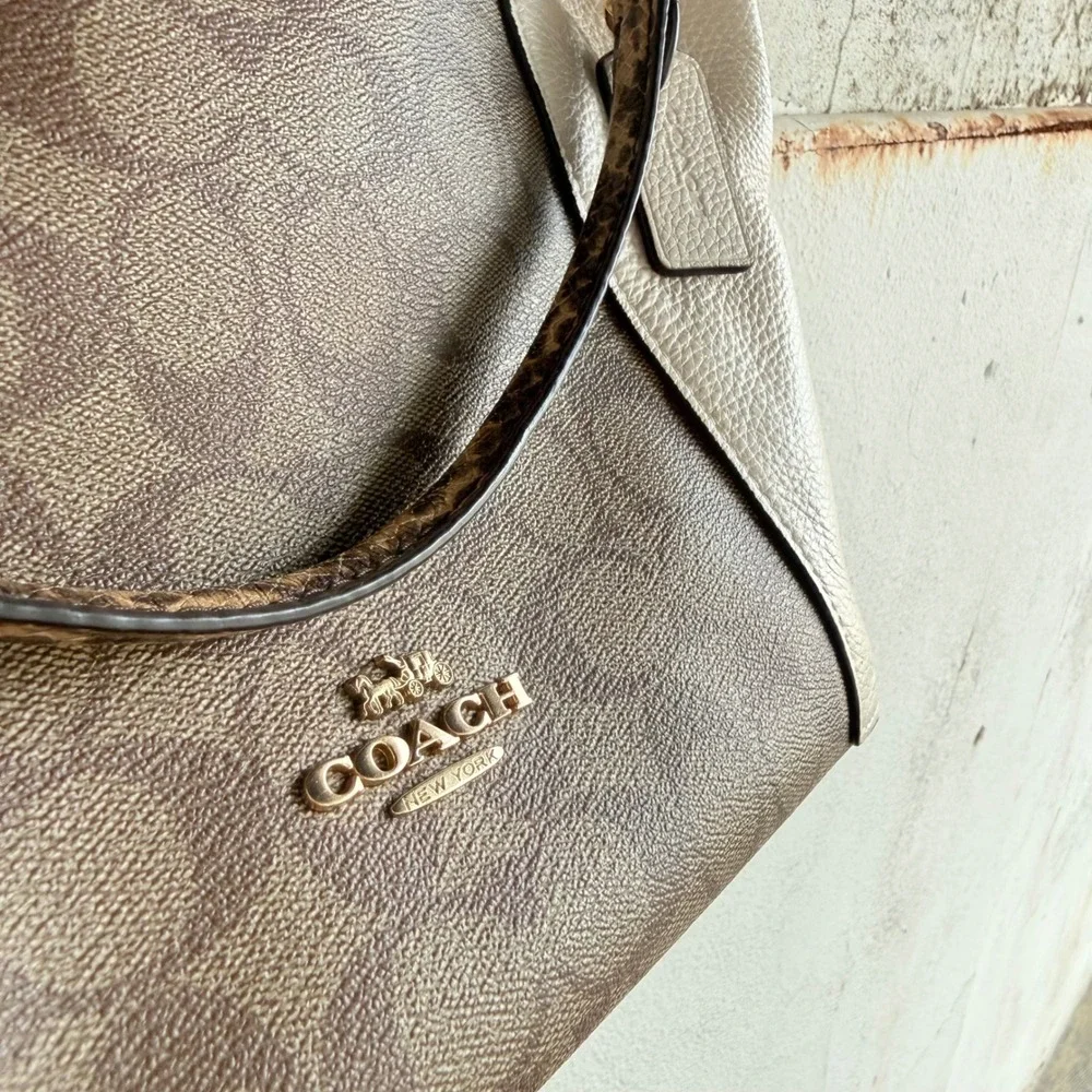 Coach Kelsey Satchel Colorblock Signature‎ Canvas Leather Bag Snakeskin C7261